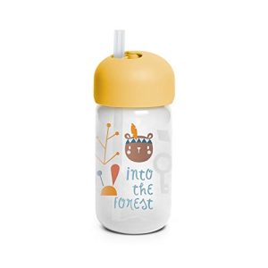 Suavinex, Nieprzeciekający Kubek słomkowy dla niemowląt. do nauki z silikonową słomką. Higieniczny, zapobiegający kapaniu i pokrywką. 340 ml, +18 miesięcy, żółty