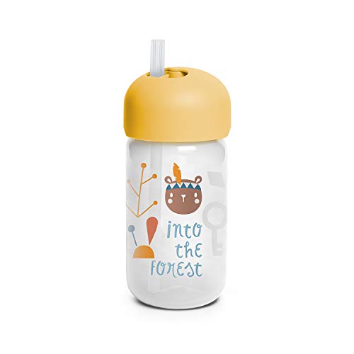Suavinex, Nieprzeciekający Kubek słomkowy dla niemowląt. do nauki z silikonową słomką. Higieniczny, zapobiegający kapaniu i pokrywką. 340 ml, +18 miesięcy, żółty