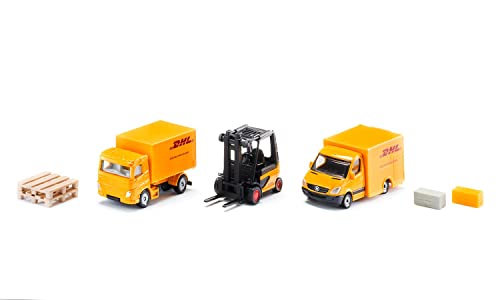siku 6335, Zestaw prezentowy DHL Logistik, Cięzarówka, Wózek widłowy, Samochód dostawczy, Palety i paczki, Metal,Tworzywo sztuczne, Żółty, Ruchome elementy - obrazek 1