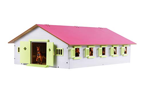 Van Manen Kids Globe Farming Reiterhof 1:32, gospodarstwo rolne z 9 pojemnikami dla koni, domek drewna, ze składanym dachem, 610188, różowy