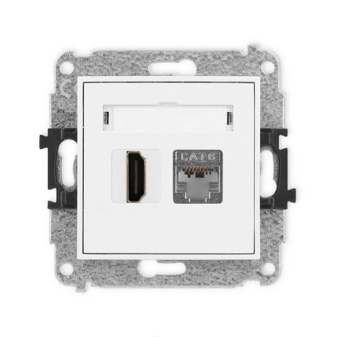 MINI Mechanizm gniazda pojedynczego HDMI 2.0, 4K + gniazda komp. poj. 1xRJ45, kat. 6, ekranowany, 8‑stykowy biały MGHK‑46 - obrazek 1
