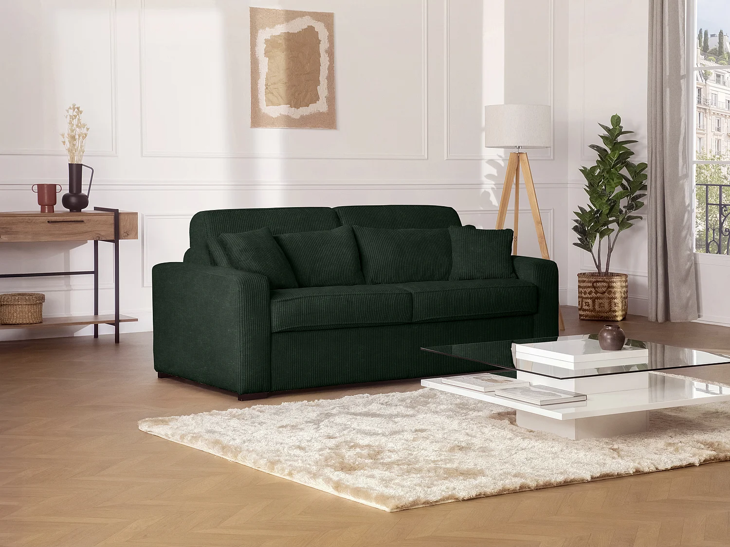 Kanapa 4 osobowa rozkładana typu express z zielonego sztruksu - Miejsce do spania z szerokimi listewkami 160 cm - Materac 16 cm - MONDOVI 1659041 - obrazek 1