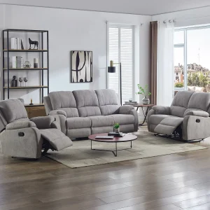 Kanapa 3-osobowa, 2-osobowa i fotel z funkcją relax z jasnoszarej mikrofibry – BRODY 3253990 Kanapa 3-osobowa, 2-osobowa i fotel z funkcją relax z jasnoszarej mikrofibry – BRODY 3253990