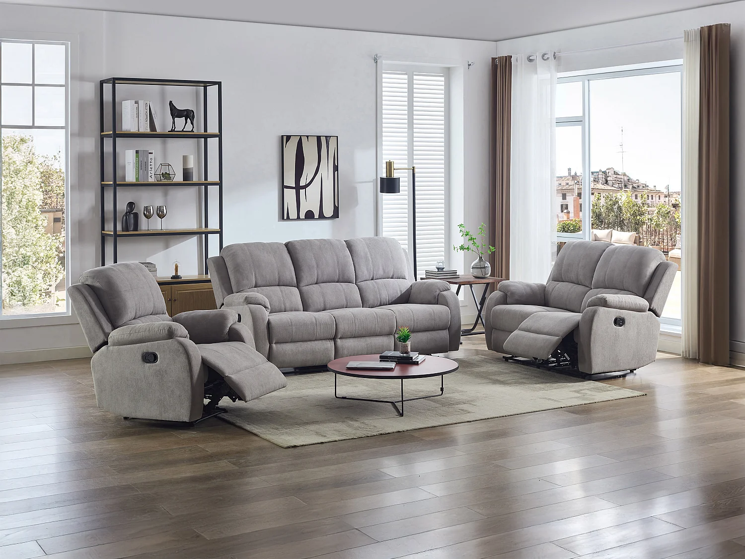 Kanapa 3-osobowa, 2-osobowa i fotel z funkcją relax z jasnoszarej mikrofibry - BRODY 3253990 - obrazek 1