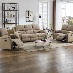 Kanapa 3-osobowa, 2-osobowa i fotel z funkcją relax z mikrofibry taupe – BRODY 3253994 Kanapa 3-osobowa, 2-osobowa i fotel z funkcją relax z mikrofibry taupe – BRODY 3253994