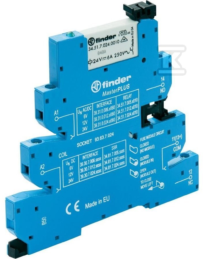Przekaźnikowy moduł sprzęgający 62mm MasterPLUS 1P 6A 24VAC/DC styki AgNi Zaciski śrubowe montaż na szynie DIN 35mm 39.31.0.024.0060 - obrazek 1