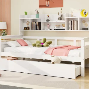 Kanapa łóżko 90×200 cm – z 2 szufladami i półkami – z litego drewna – Biały 3285823 Kanapa łóżko 90×200 cm – z 2 szufladami i półkami – z litego drewna – Biały 3285823