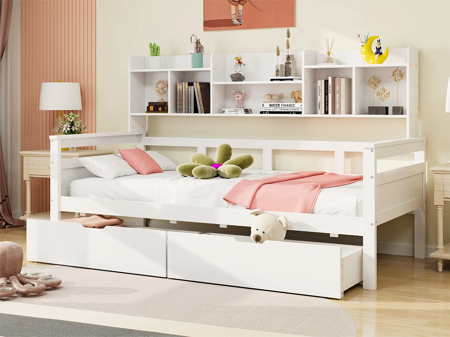 Kanapa łóżko 90x200 cm - z 2 szufladami i półkami - z litego drewna - Biały 3285823 - obrazek 1