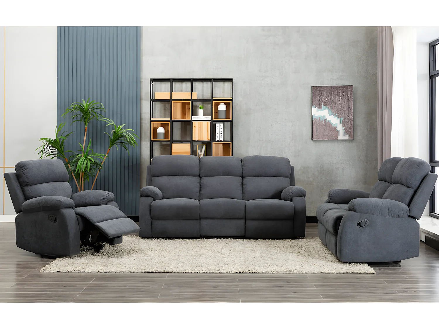 Kanapy 3+2+1-osobowa TOLZANO z tkaniny, z manualną funkcją relax – kolor antracytowy 120799 - obrazek 1