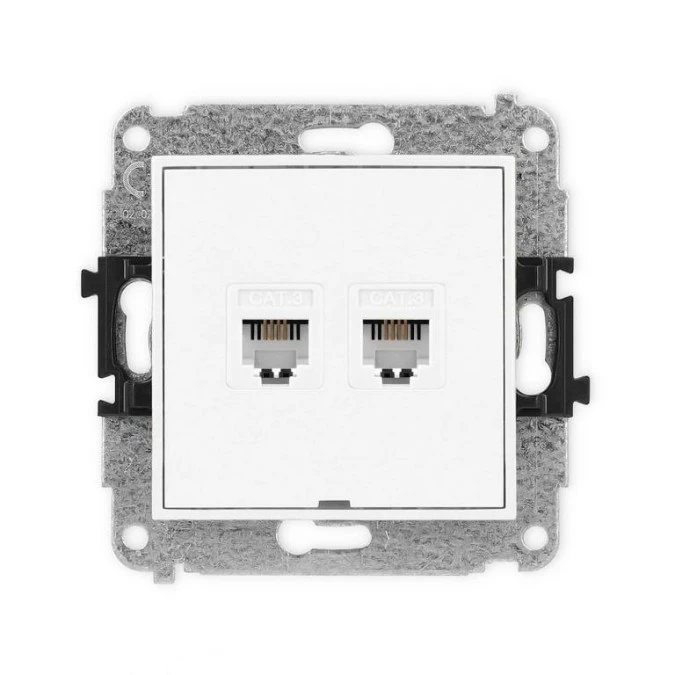 MINI Mechanizm gniazda telefonicznego podwójnego 2xRJ11, 4‑stykowy, beznarzędziowe, bez pola opisowego biały mat 25MGTBO‑2 - obrazek 1