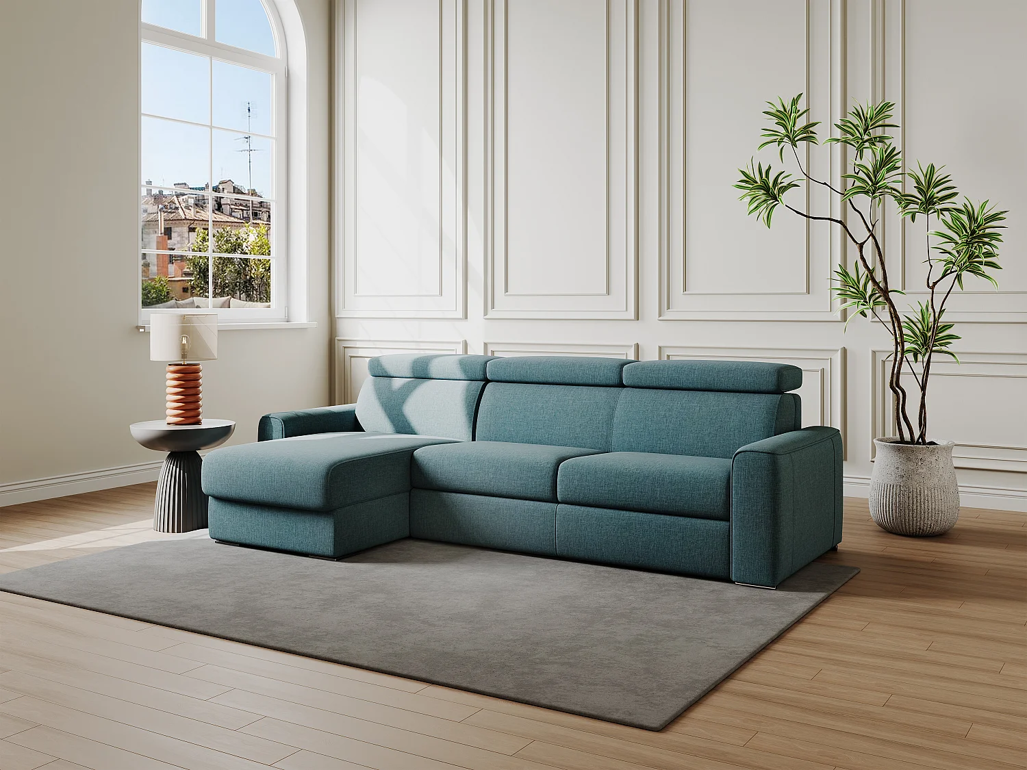 Kanapa narożna dwustronna rozkładana typu express z niebieską tapicerką - Miejsce do spania z szerokimi listewkami 160 cm - Materac 14 cm - VIZIR 1652707 - obrazek 1