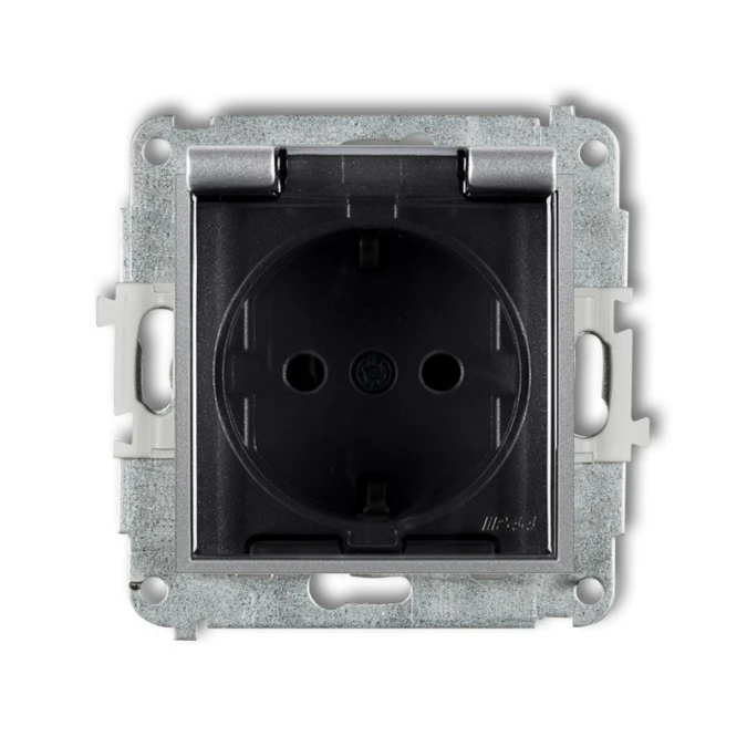 MINI Mechanizm gniazda bryzgoszczelnego z uziemieniem SCHUKO 2P+Z (klapka dymna, przesłony torów prądowych) srebrny metalik 7MGP - obrazek 1