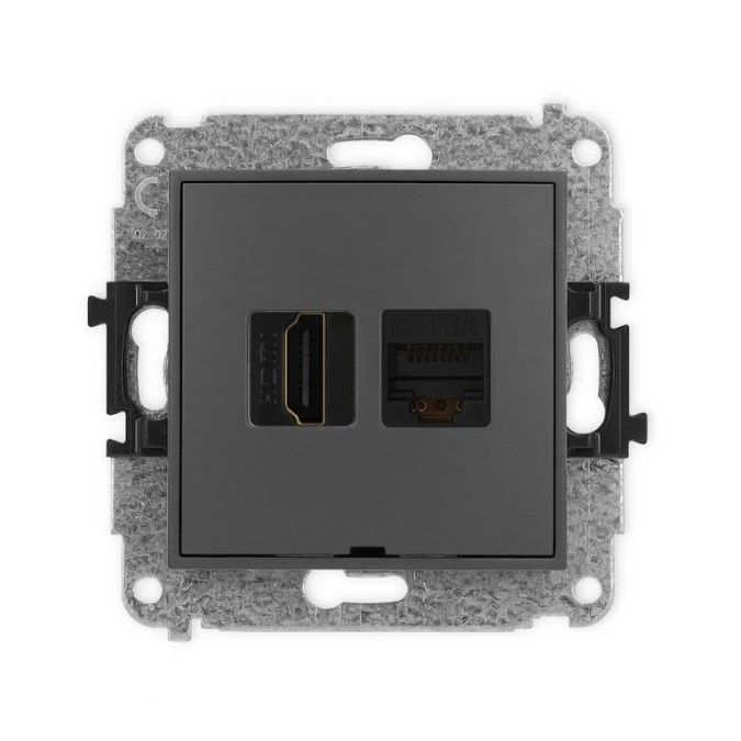 MINI Mechanizm gniazda HDMI 2.1, 8K + gniazda 1xRJ45, kat. 6A, 8‑stykowy, bez pola opisowego grafitowy mat 28MGHKBO‑86A - obrazek 1