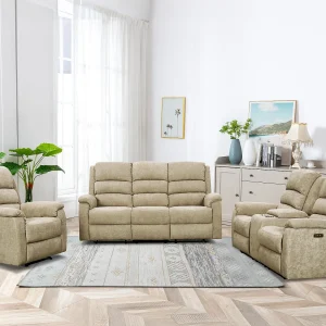 Kanapa 3-osobowa z elektryczną funkcją relax z tkaniny taupe ze stolikiem NEVERS 140973