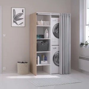 Szafka do pralni na 2 urządzenia z zasłoną – Naturalny jasny – szer. 111 x wys. 184 cm – JAZANO 3336066 Szafka do pralni na 2 urządzenia z zasłoną – Naturalny jasny – szer. 111 x wys. 184 cm – JAZANO 3336066