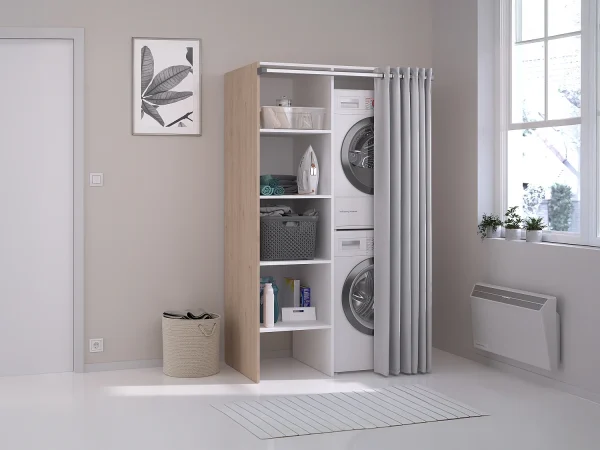 Szafka do pralni na 2 urządzenia z zasłoną – Naturalny jasny – szer. 111 x wys. 184 cm – JAZANO 3336066 Szafka do pralni na 2 urządzenia z zasłoną – Naturalny jasny – szer. 111 x wys. 184 cm – JAZANO 3336066