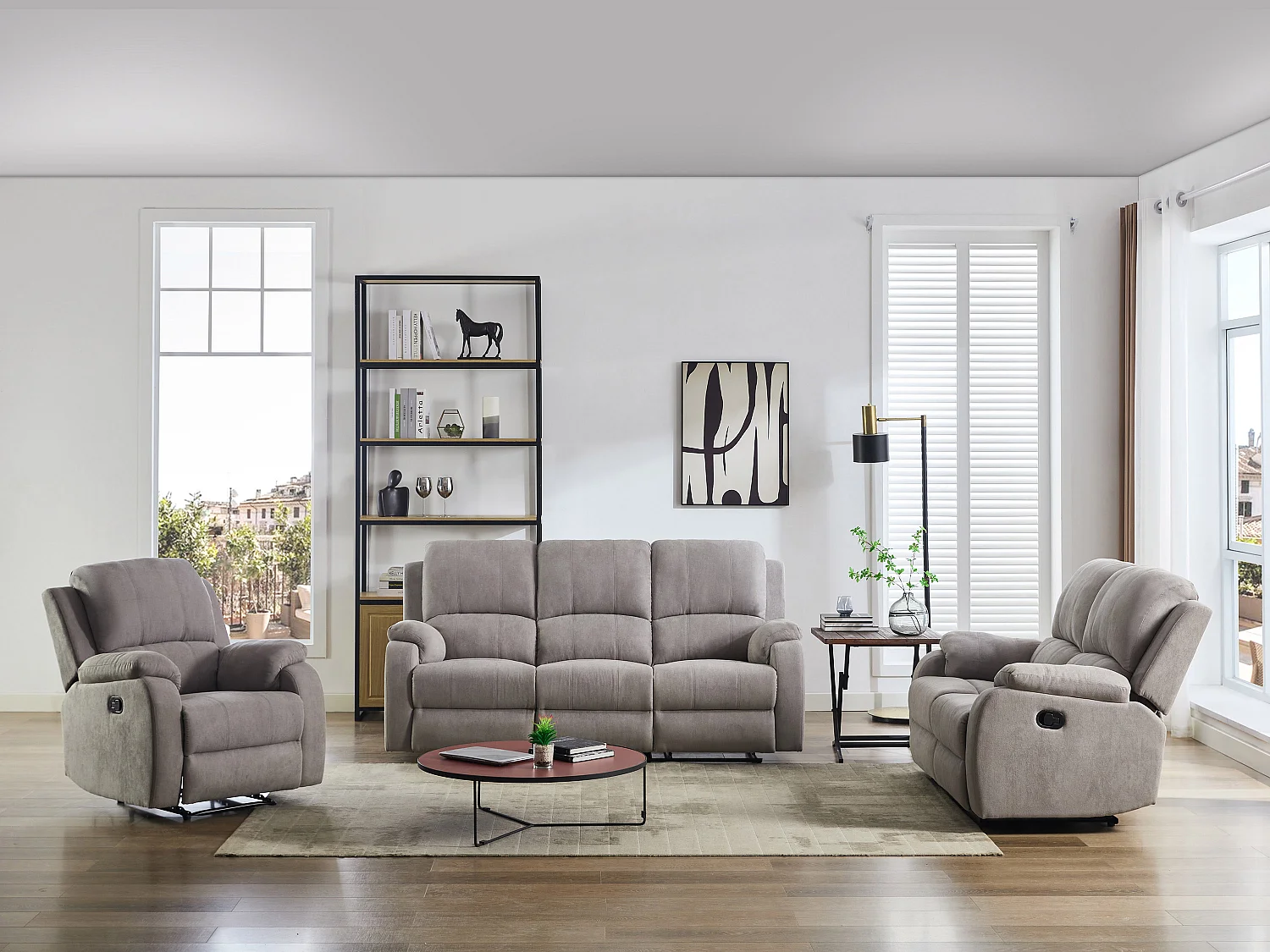 Kanapa 3-osobowa i fotel z funkcją relax z jasnoszarej mikrofibry - BRODY 3253993 - obrazek 1