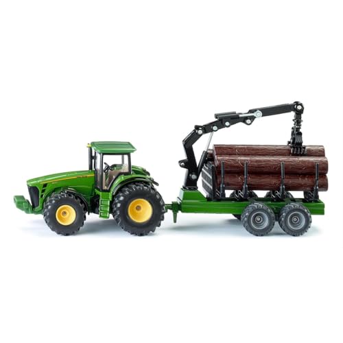 siku 1954, John Deere Tractor with Forestry Trailer, 1:50, Metal/Plastic, Green, Functional loading arm and claw - obrazek 1