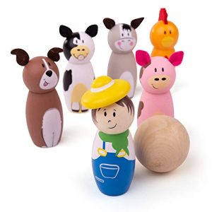 Bigjigs Toys Farmowe Kręgle Drewniane dla Maluchów – z 6 Zwierzętami i 1 Piłką