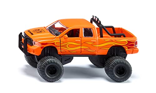 Siku 2358, Dodge RAM 1500 z oponami balonowymi, Zabawkowy samochód, 1:50, Metal,tworzywo sztuczne, Czarny,pomarańczowy, Wymienne koła, Otwierane drzwi, pokrywa silnika i klapa tylna - obrazek 1