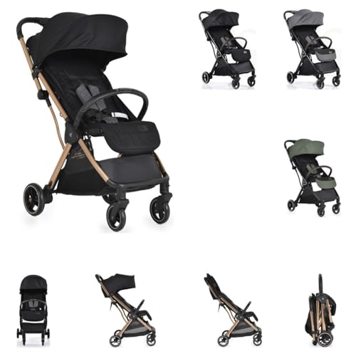 Cangaroo Wózek dziecięcy Buggy Easy Fold aluminiowy dach przeciwsłoneczny, regulowany, składany, kosz, kolor: czarno-złoty
