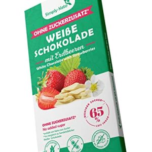 Simply Keto Biała czekolada o obniżonej zawartości cukru, truskawka, z kawałkami truskawek, bez dodatku słodzona erytrytolem, 65% mniej glutenu i soi, maltitu Simply Keto Biała czekolada o obniżonej zawartości cukru, truskawka, z kawałkami truskawek, bez dodatku słodzona erytrytolem, 65% mniej glutenu i soi, maltitu