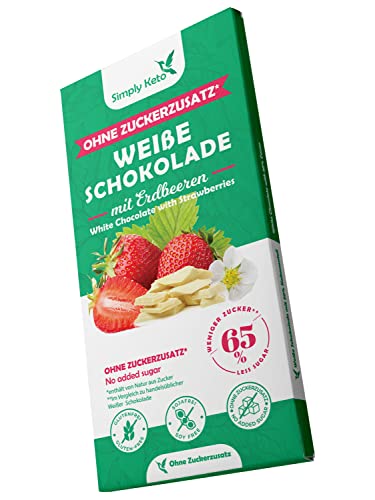 Simply Keto Biała czekolada o obniżonej zawartości cukru, truskawka, z kawałkami truskawek, bez dodatku słodzona erytrytolem, 65% mniej glutenu i soi, maltitu - obrazek 1