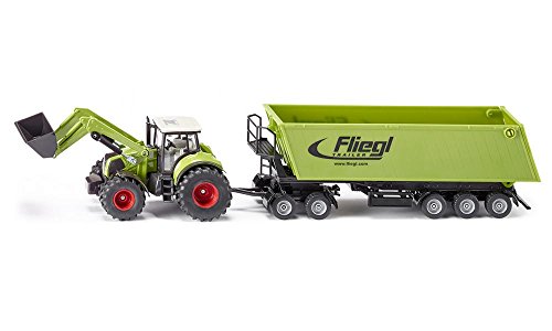 siku 1949, Claas Axion tractor with front Loader, Dolly and Tipping Trailer, 1:50, Metal/Plastic, Green, Movable shovel loader swing arm, Tiltable trough - obrazek 1