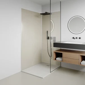 Zestaw 2 paneli ściennych prysznicowych z aluminium w kolorze kości słoniowej z profilami – szer. 90 x szer. 120 x wys. 210 cm – ITZIAR 2895762 Zestaw 2 paneli ściennych prysznicowych z aluminium w kolorze kości słoniowej z profilami – szer. 90 x szer. 120 x wys. 210 cm – ITZIAR 2895762
