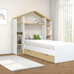Łóżko domek 90 x 190 cm – Biały i naturalny – JERACO 3460307