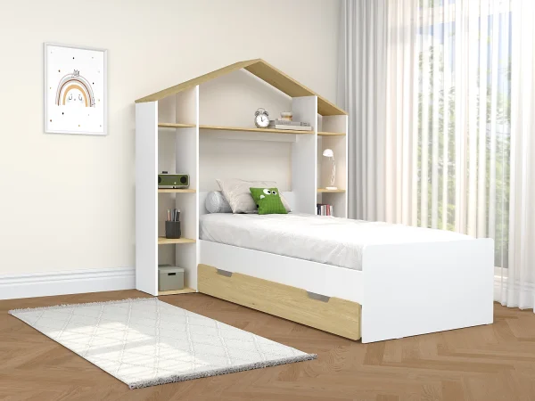 Łóżko domek 90 x 190 cm – Biały i naturalny – JERACO 3460307
