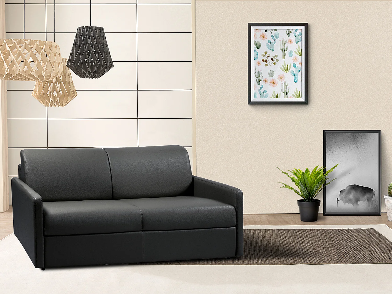 Kanapa 3-osobowa rozkładana typu expres z ekoskóry CALIFE - Czarny - Miejsce do spania 140 cm - Materac 18 cm 129483 - obrazek 1