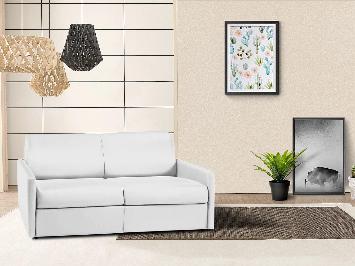 Kanapa 3-osobowa rozkładana typu expres z ekoskóry CALIFE - Biały - Miejsce do spania 140 cm - Materac 14 cm 129411 - obrazek 1