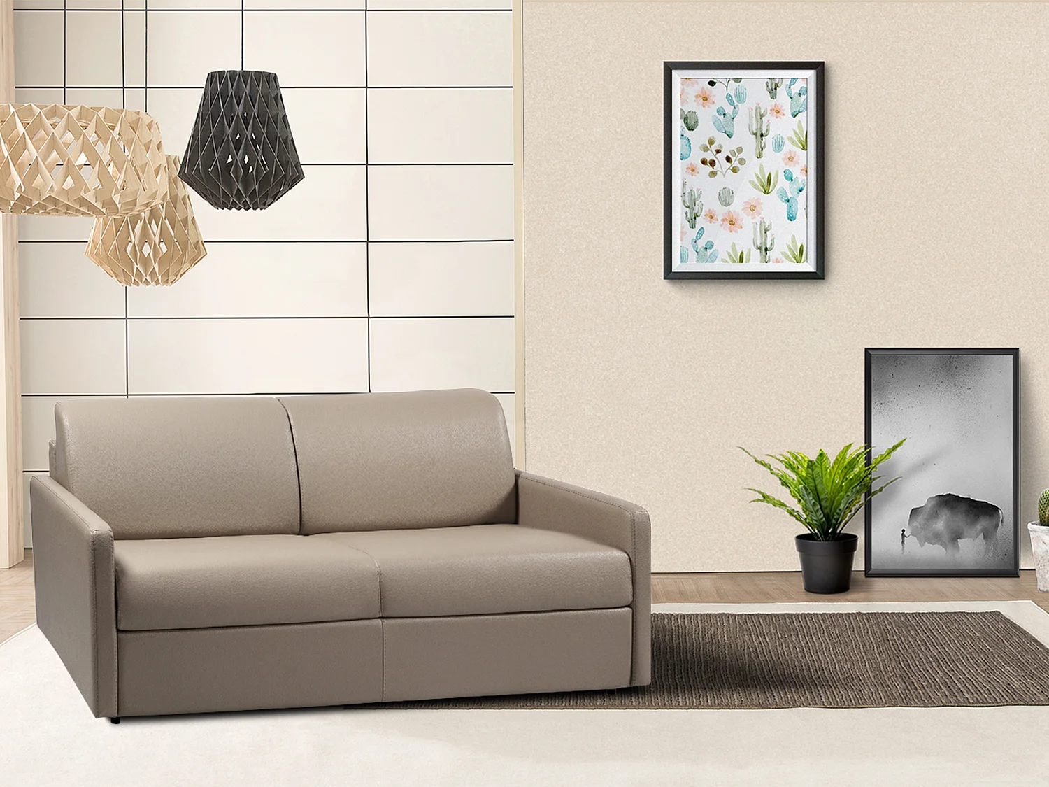 Kanapa 3-osobowa rozkładana typu expres z ekoskóry CALIFE - Taupe - Miejsce do spania 140 cm - Materac 14 cm 129419 - obrazek 1