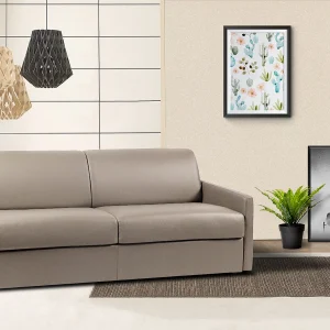 Kanapa 4-osobowa rozkładana typu expres z ekoskóry CALIFE – Taupe – Miejsce do spania 160 cm – Materac 14 cm 129453 Kanapa 4-osobowa rozkładana typu expres z ekoskóry CALIFE – Taupe – Miejsce do spania 160 cm – Materac 14 cm 129453