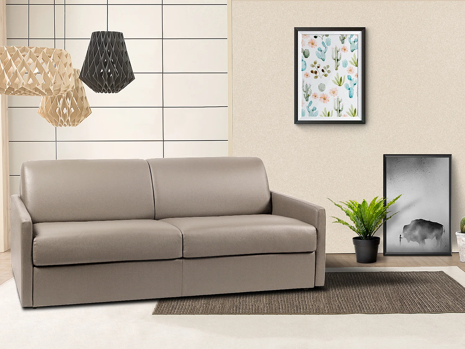 Kanapa 4-osobowa rozkładana typu expres z ekoskóry CALIFE - Taupe - Miejsce do spania 160 cm - Materac 14 cm 129453 - obrazek 1