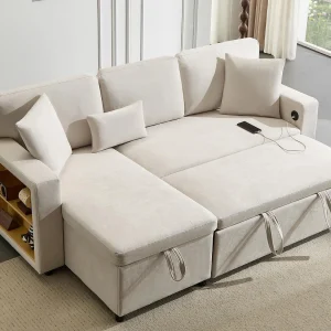 Kanapa 215x133x85 cm – z portem USB – z miejscem do przechowywania – z funkcją spania – Beżowa 4066947 Kanapa 215x133x85 cm – z portem USB – z miejscem do przechowywania – z funkcją spania – Beżowa 4066947