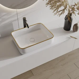 Umywalka nablatowa prostokątna z ceramiki – Biały ze złotym brzegiem – 50 x 39 cm – JUNIKO II 3713074 Umywalka nablatowa prostokątna z ceramiki – Biały ze złotym brzegiem – 50 x 39 cm – JUNIKO II 3713074