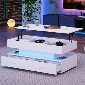 Hydrauliczny podnoszony stolik kawowy – 100 x 50 x 44 cm – z diodami LED + 2 szuflady – Płyta wiórowa – biały 4171517 Hydrauliczny podnoszony stolik kawowy – 100 x 50 x 44 cm – z diodami LED + 2 szuflady – Płyta wiórowa – biały 4171517