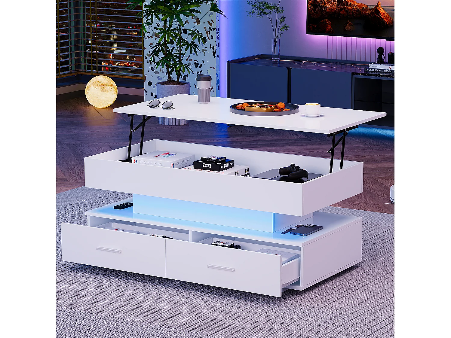 Hydrauliczny podnoszony stolik kawowy - 100 x 50 x 44 cm - z diodami LED + 2 szuflady - Płyta wiórowa - biały 4171517 - obrazek 1