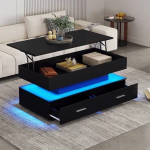 Hydrauliczny podnoszony stolik kawowy – 100 x 50 x 44 cm – z diodami LED + 2 szuflady – Płyta wiórowa – czarny 4171518 Hydrauliczny podnoszony stolik kawowy – 100 x 50 x 44 cm – z diodami LED + 2 szuflady – Płyta wiórowa – czarny 4171518