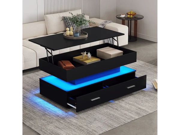 Hydrauliczny podnoszony stolik kawowy – 100 x 50 x 44 cm – z diodami LED + 2 szuflady – Płyta wiórowa – czarny 4171518 Hydrauliczny podnoszony stolik kawowy – 100 x 50 x 44 cm – z diodami LED + 2 szuflady – Płyta wiórowa – czarny 4171518