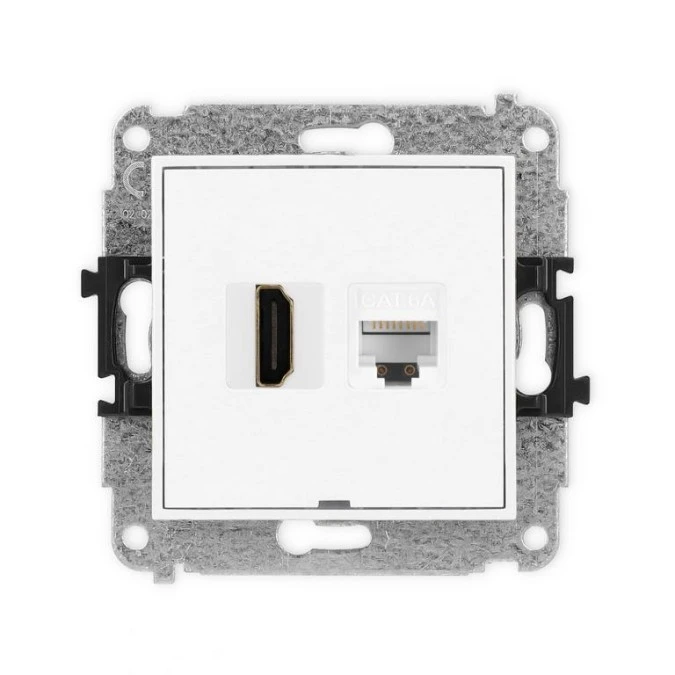 MINI Mechanizm gniazda HDMI 2.0, 4K + gniazda komp. poj. 1xRJ45, kat. 6A, 8‑stykowy, bez pola opisowego biały mat 25MGHKBO‑46A - obrazek 1