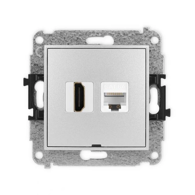 MINI Mechanizm gniazda HDMI 2.0, 4K + gniazda 1xRJ45, kat. 6A, 8‑stykowy, bez pola opisowego srebrny metalik 7MGHKBO‑46A - obrazek 1