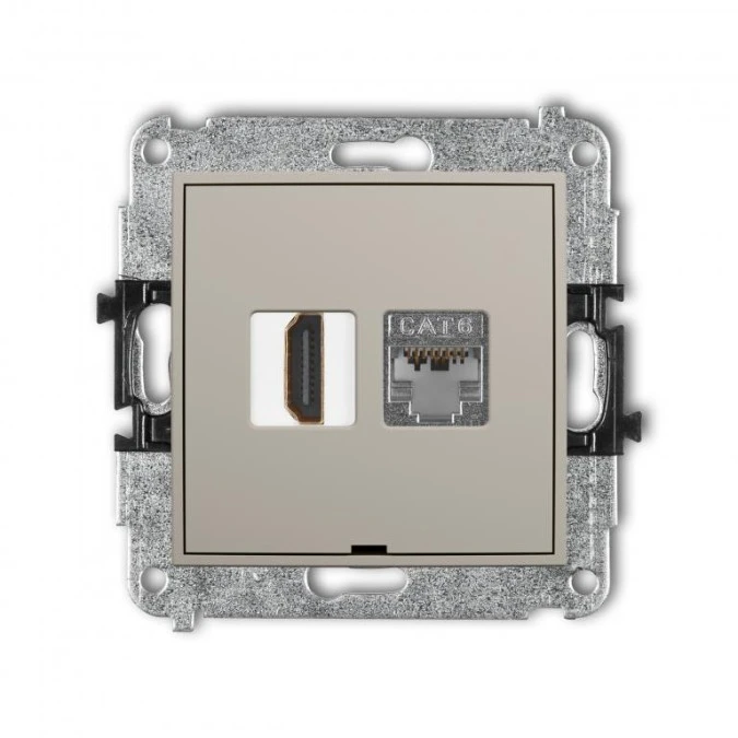 MINI Mechanizm gniazda HDMI 2.0, 4K + gniazda 1xRJ45, kat. 6, ekranowany, 8‑stykowy, bez pola opisowego taupe 60MGHKBO‑46 - obrazek 1
