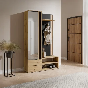 Garderoba z lustrem i schowkami – Naturalny i Czarny – JANAKIA 3884235 Garderoba z lustrem i schowkami – Naturalny i Czarny – JANAKIA 3884235