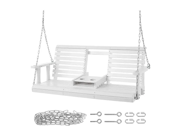 Huśtawka na Przedpokój SucceBuy, z Drewna o Długości 152,4 cm, Krzesło Zawieszone do Ogrodu, Patio lub Tarasu, Biały 4284858