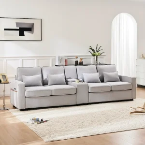 Jasnoszara, lniana sofa 4-osobowa z portami USB, stolikiem konsolowym i uchwytami na kubki – z poduszkami i podłokietnikami, do salonu lub biura 4316513 Jasnoszara, lniana sofa 4-osobowa z portami USB, stolikiem konsolowym i uchwytami na kubki – z poduszkami i podłokietnikami, do salonu lub biura 4316513