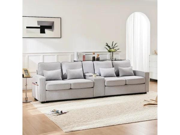 Jasnoszara, lniana sofa 4-osobowa z portami USB, stolikiem konsolowym i uchwytami na kubki – z poduszkami i podłokietnikami, do salonu lub biura 4316513 Jasnoszara, lniana sofa 4-osobowa z portami USB, stolikiem konsolowym i uchwytami na kubki – z poduszkami i podłokietnikami, do salonu lub biura 4316513