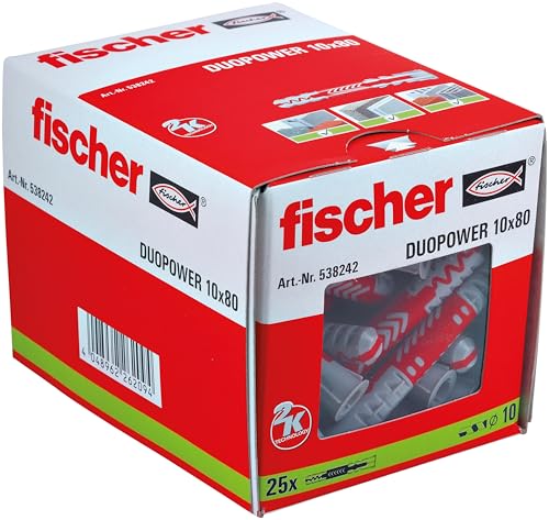 fischer 538242 DUOPOWER kołki ścienne, czerwone/szare, 10 mm x 80 mm, pudełko 25 sztuk fischer 538242 DUOPOWER kołki ścienne, czerwone/szare, 10 mm x 80 mm, pudełko 25 sztuk
